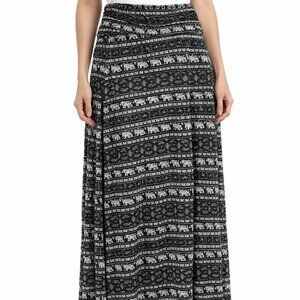 Boho Elephant Print Maxi Skirt XL – Black White Foldover Waist Festival Style XL